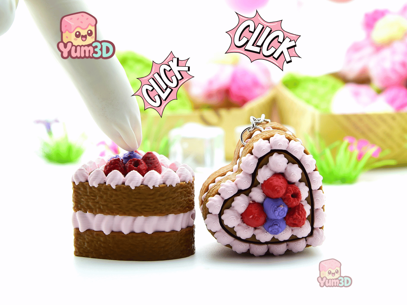 💜 Yum3D Valentine Berry Heart Cake Fidget Clicker Keychain - Cute